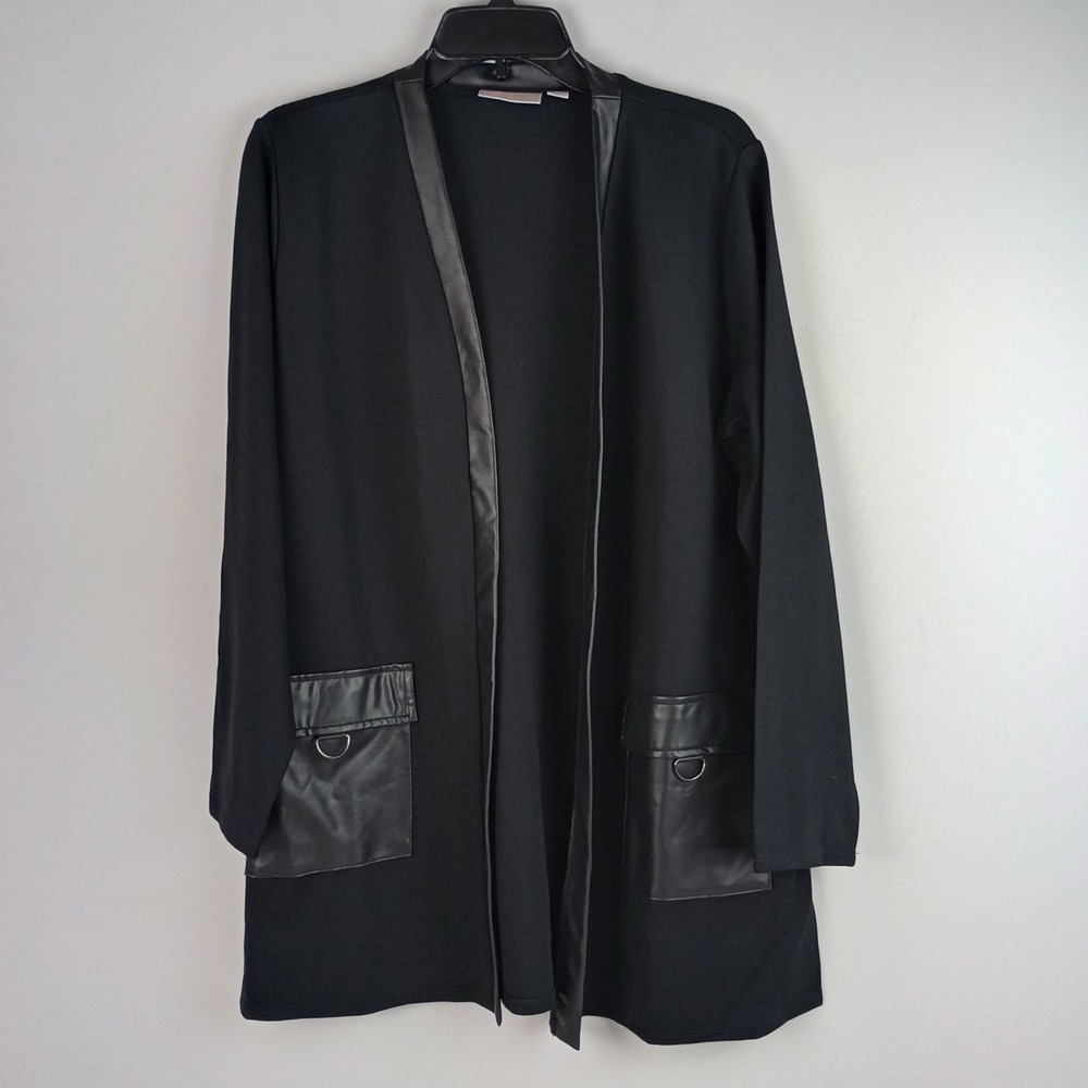 Belle by Kim Gravel Womens LP Black Faux Leather Trim Open Front Cardigan Jacket